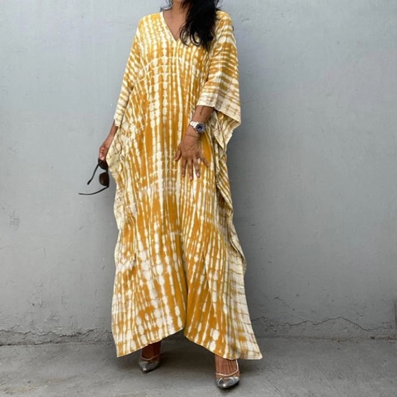 SOLD OUT New Mustard Bohemian Tie Dye Kaftan Kimono Dress - Picture 2 of 8